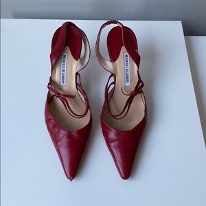 Red Manolo Blahnik slingback pumps